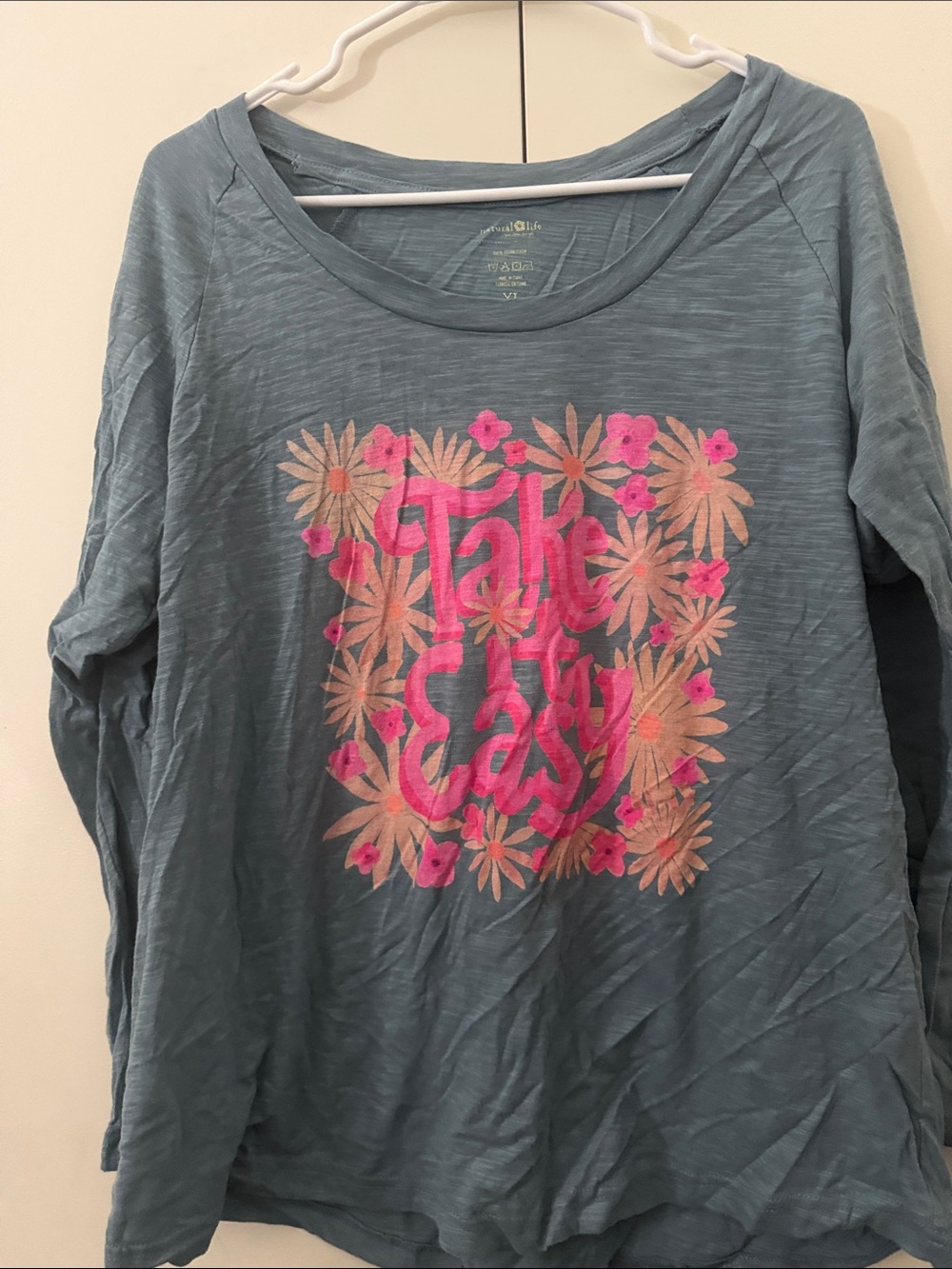 NATURAL LIFE Blue Long-Sleeve Tee with Pink & Peach Floral "Take Easy" Graphic